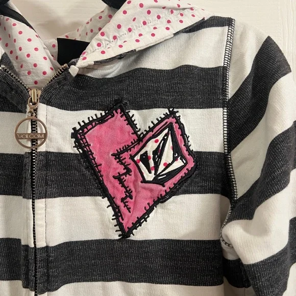 Volcom Black and White Striped Hoodie with Pink polkadot hood- women’s M - Picture 4 of 8